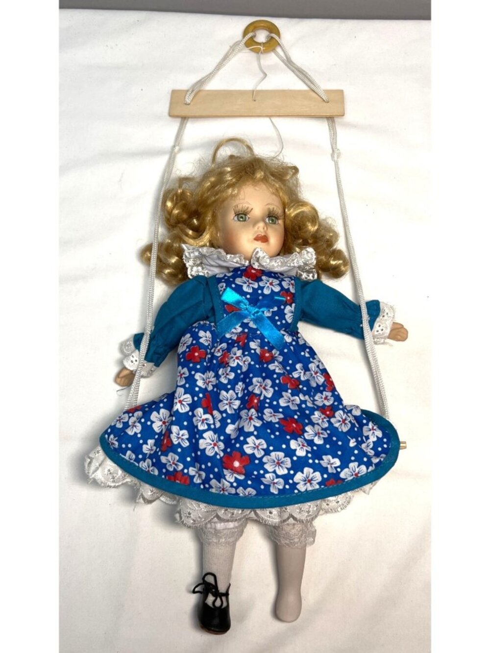Vintage Porcelain Marionette Doll With Blonde Curly Hair & Blue Floral Dress